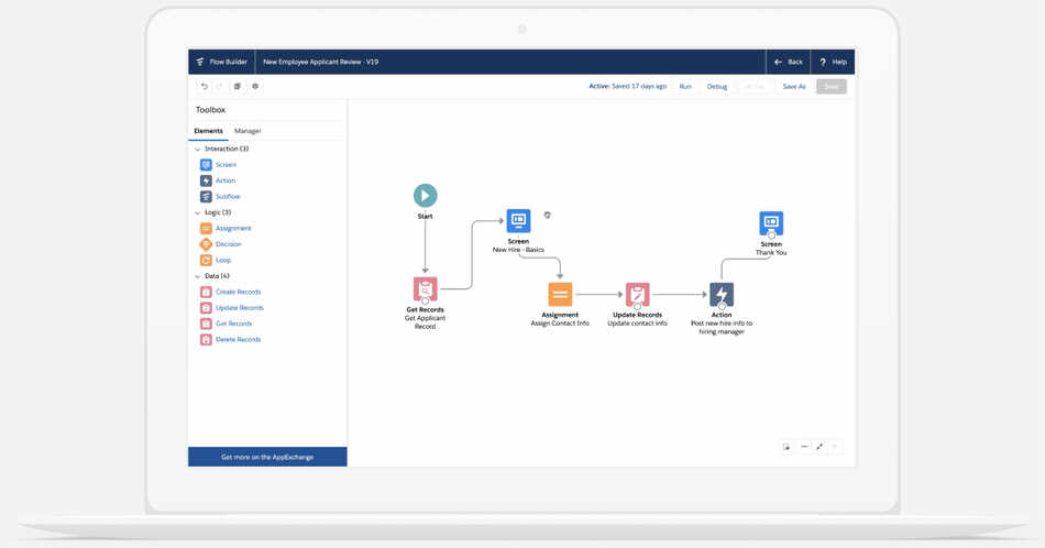 Animation of a product screen mapping out automation flows on a laptop.