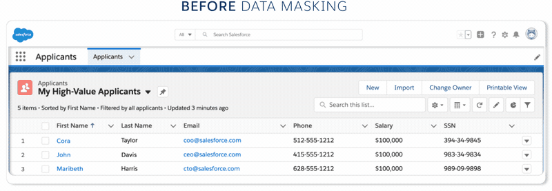 Alternating images showing your data in Salesforce, before and after data masking applied.