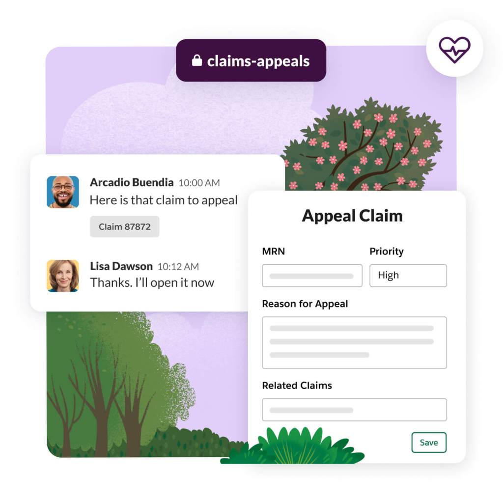 Two team members communicating about a medical claim appeal with lyperlink links to claim and claim details