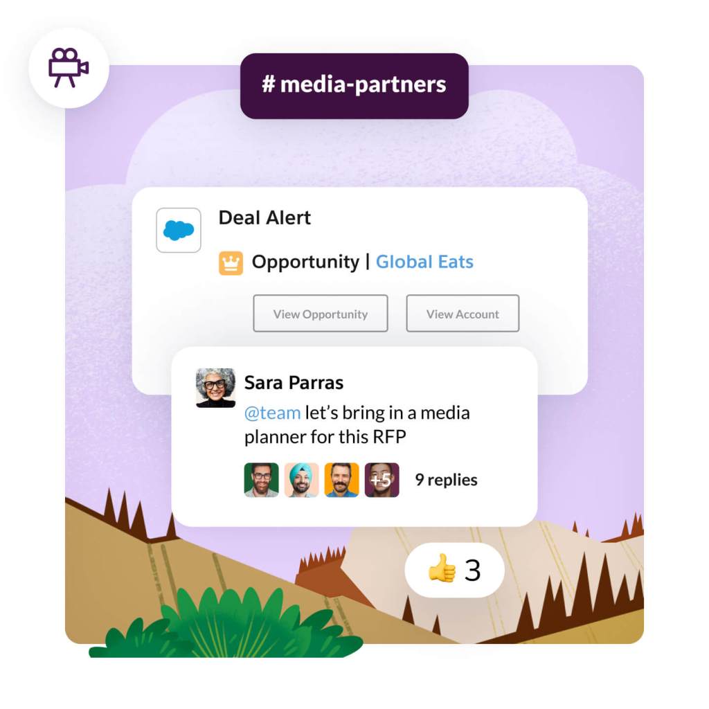 Application notification window for deal alert on new opporunity with team members collaborating on next steps