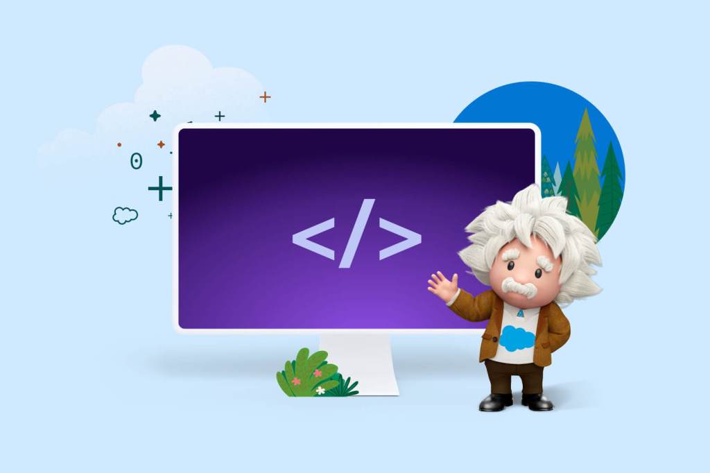 Einstein gesturing at animated greater than / less than symbols.