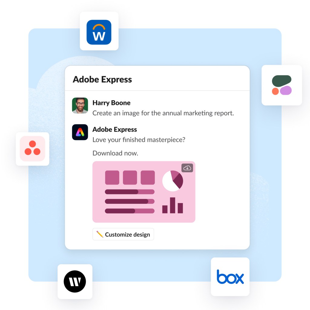 3rd party apps like workday, monday.com, asana, etc. float around a graphic of AI.