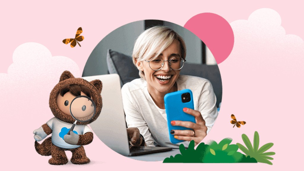 Salesforce character Astro next to a customer who is holding a smartphone