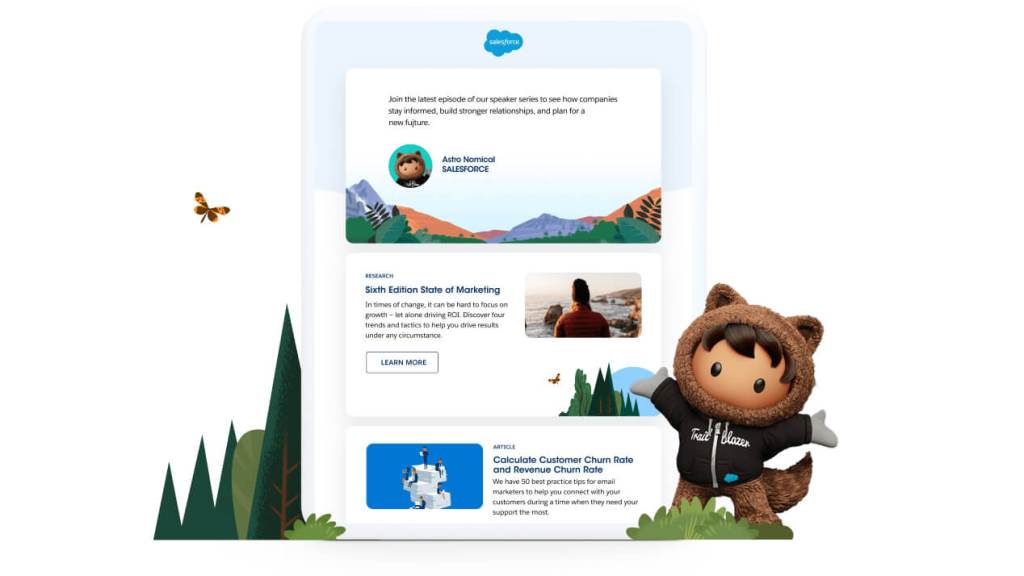 Astro standing with outstretched hands in front of the products.marketing newsletter.