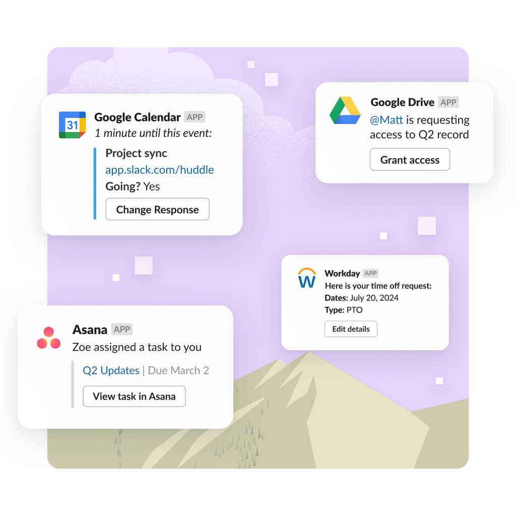 Workday, drive  and asana logos float around  Slack.