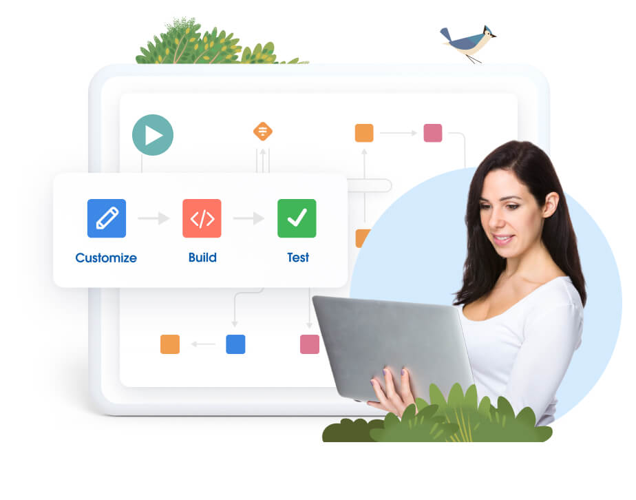 Person using personal computer and app development abstraction