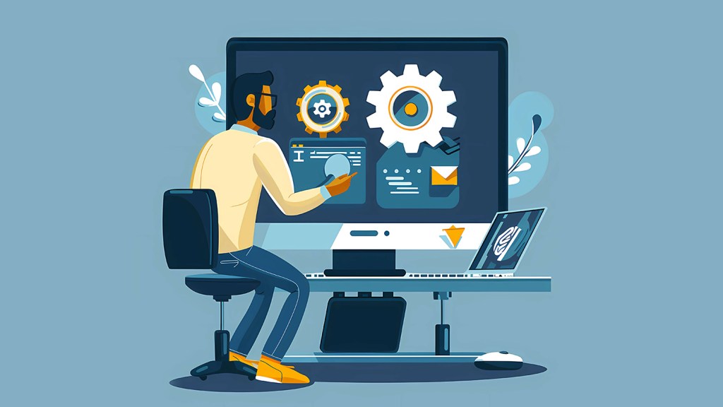 Man sitting next to laptop setup.