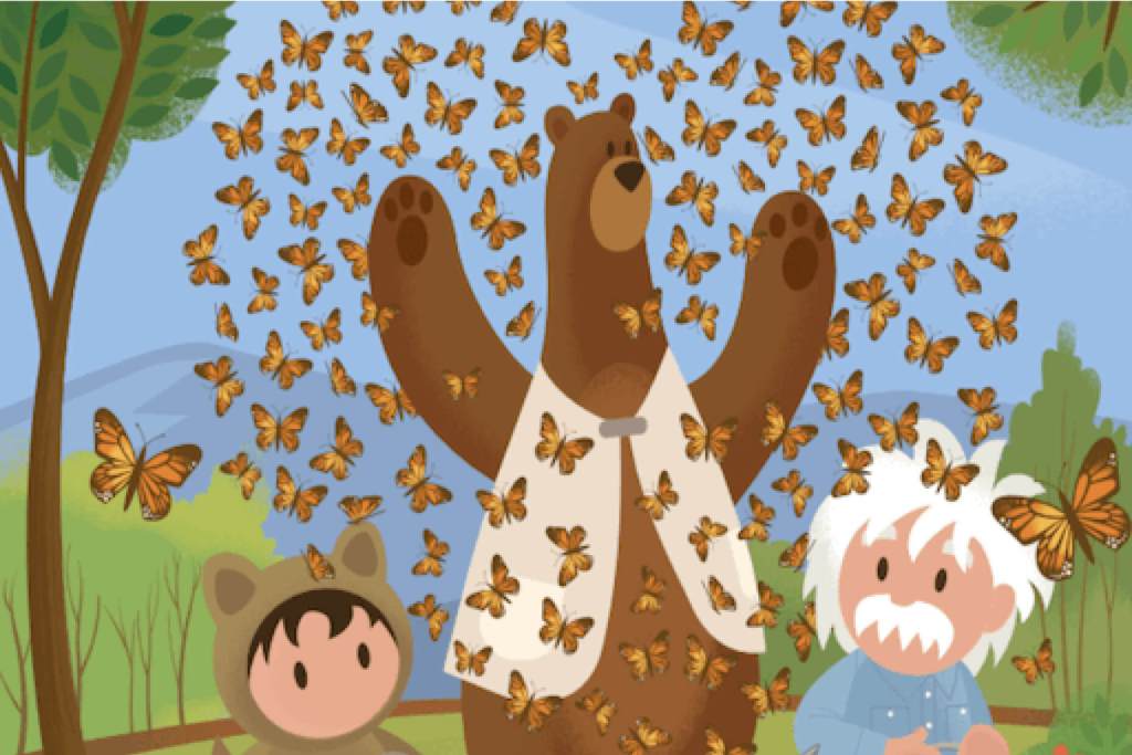 Codey, Astro, and Einstein playing with a large group of butterflies.