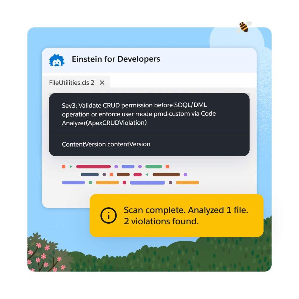 Abstraction showing notification over developer code that a scan has been completed with 2 violations noted