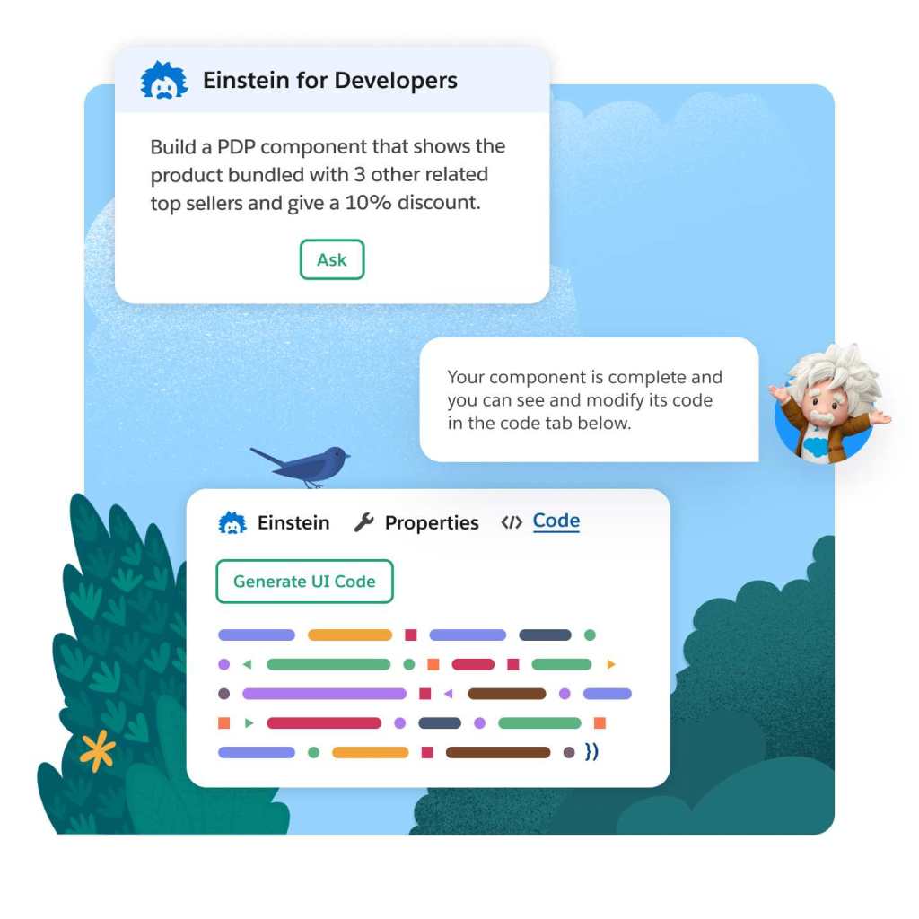Text boxes showing interaction between user and einstein AI developing component modules from input commands