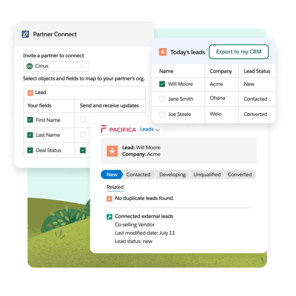 Windows show a partner dashboards drop down, a channel manager dashboard dropdown, and Einstein recs with next steps. 