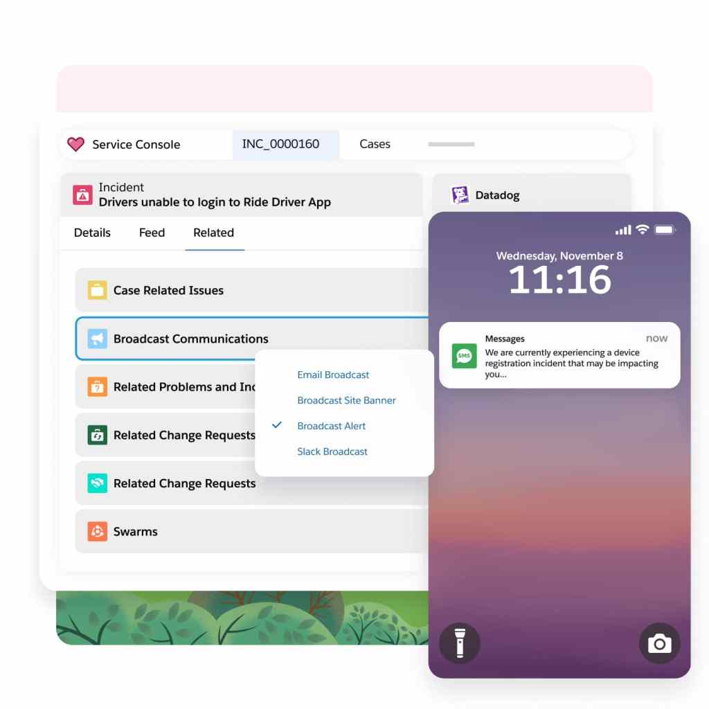 Broadcast emails, a broadcast site banner, broadcast slack messages, and broadcast alerts displayed on PCs and a phone.