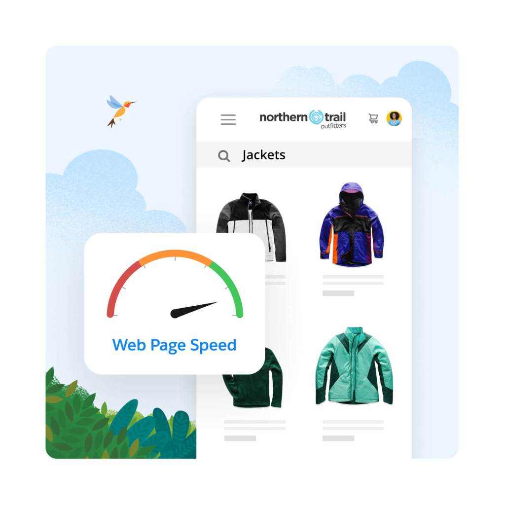 A Web Page Speed meter points all the way to the right, green side. A mobile device shows Jackets on the Northern Trail Outfitters website. 