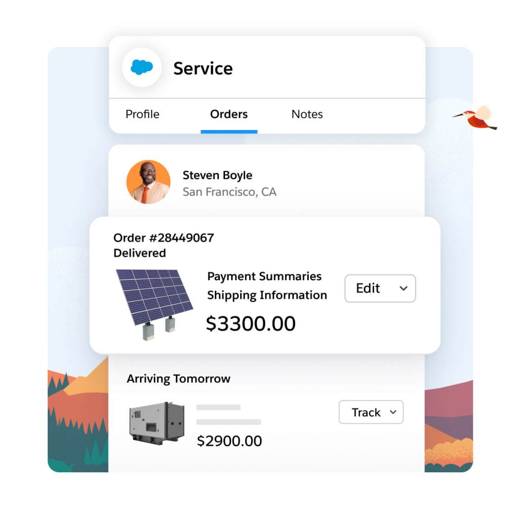 Top: Salesforce Service tab open with the word 'Orders' selected. Below: A profile picture of a person with the name Steven Boyle. In this profile contains a pop-out image of a solar panel with the text 'Order #28449067 Ready for pickup.' Below this pop-out is another item with text 'Arriving Tomorrow.'