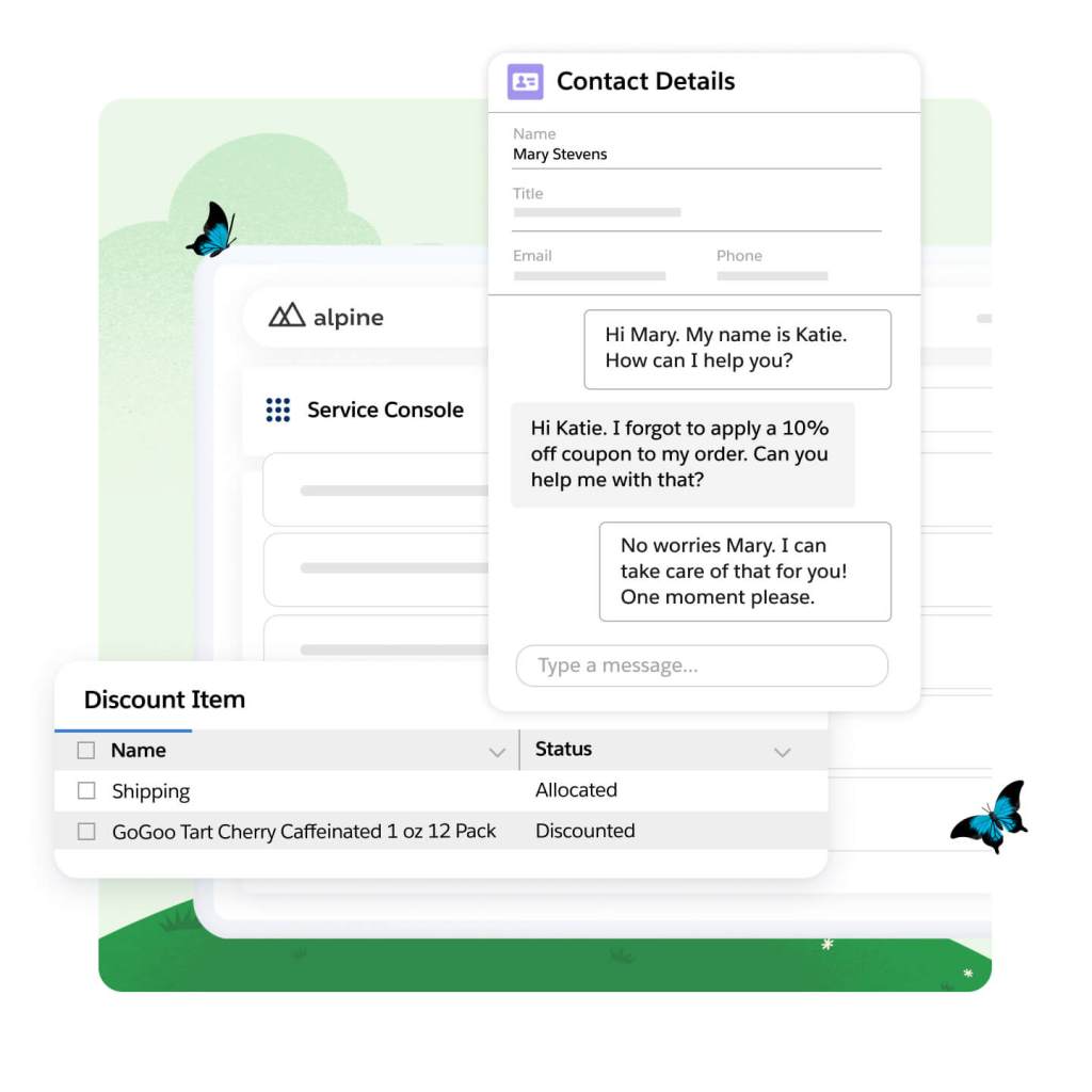 Contact Details window open showing a conversation between a customer and a service rep. Conversation reads, "Hi Mary. How can I help you?" "I forgot to apply a 10% off coupon to my order." "No worries I can take care of that for you!"