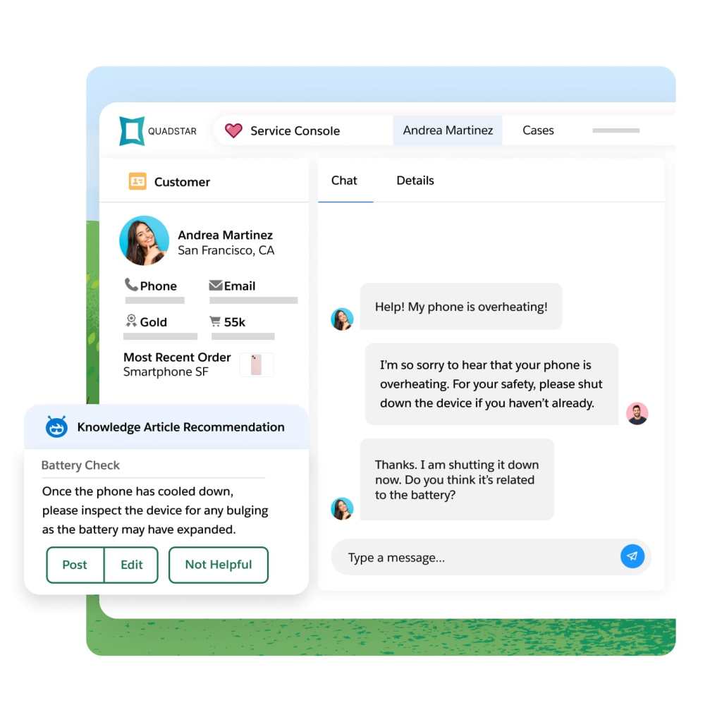 Einstein provides article recommendations for a customer support chat.
