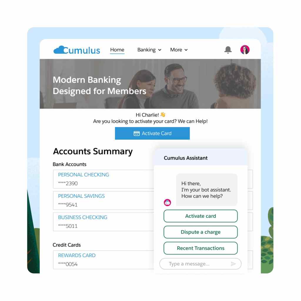 A dashboard displays an Einstein Bots chat with options for bot assistance for various requests