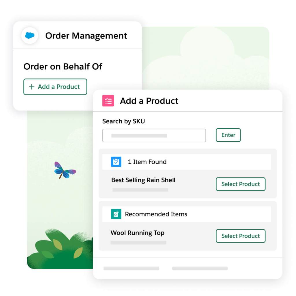 Order Management tab open behind an Add a Product window. Search by SKU search bar is at the top.
