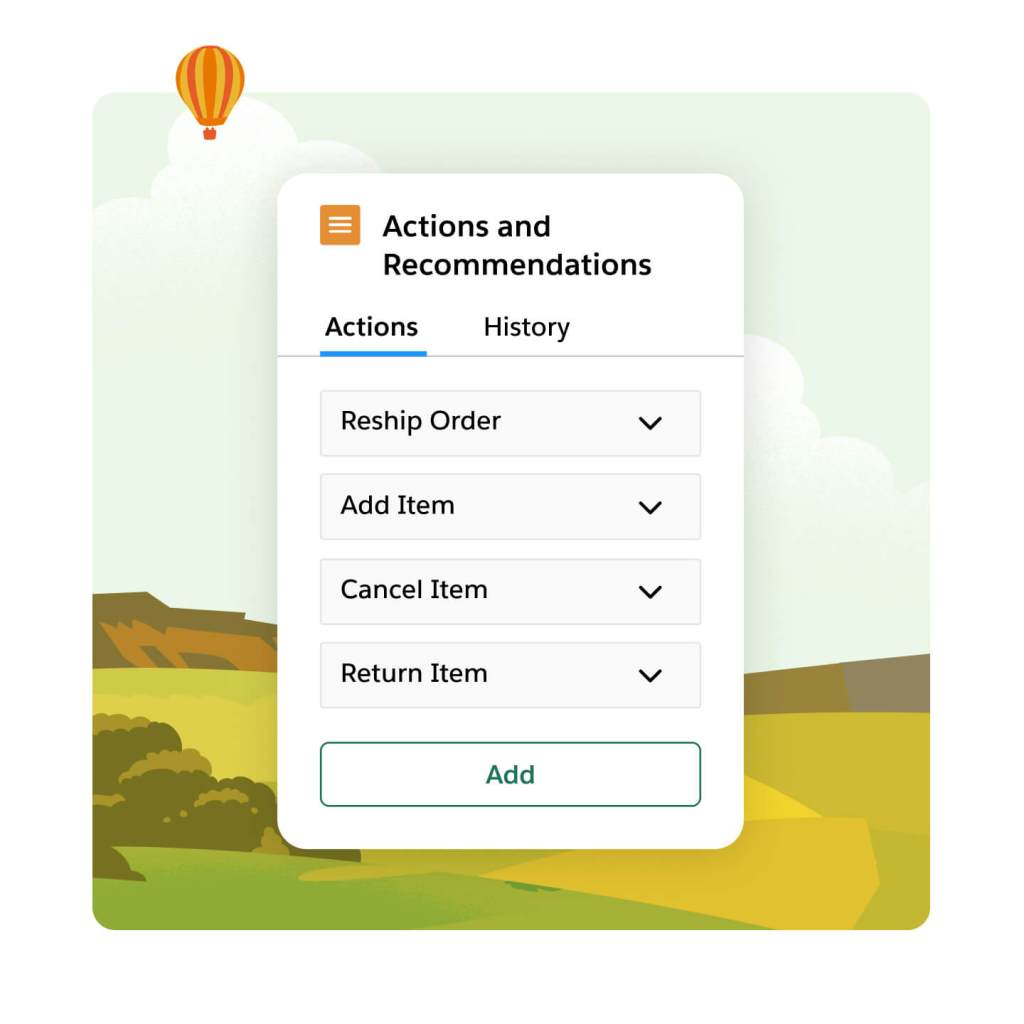 Actions and Recommendations window open with drawers titled: Reship Order, Add Item, Cancel Item, and Return Item.