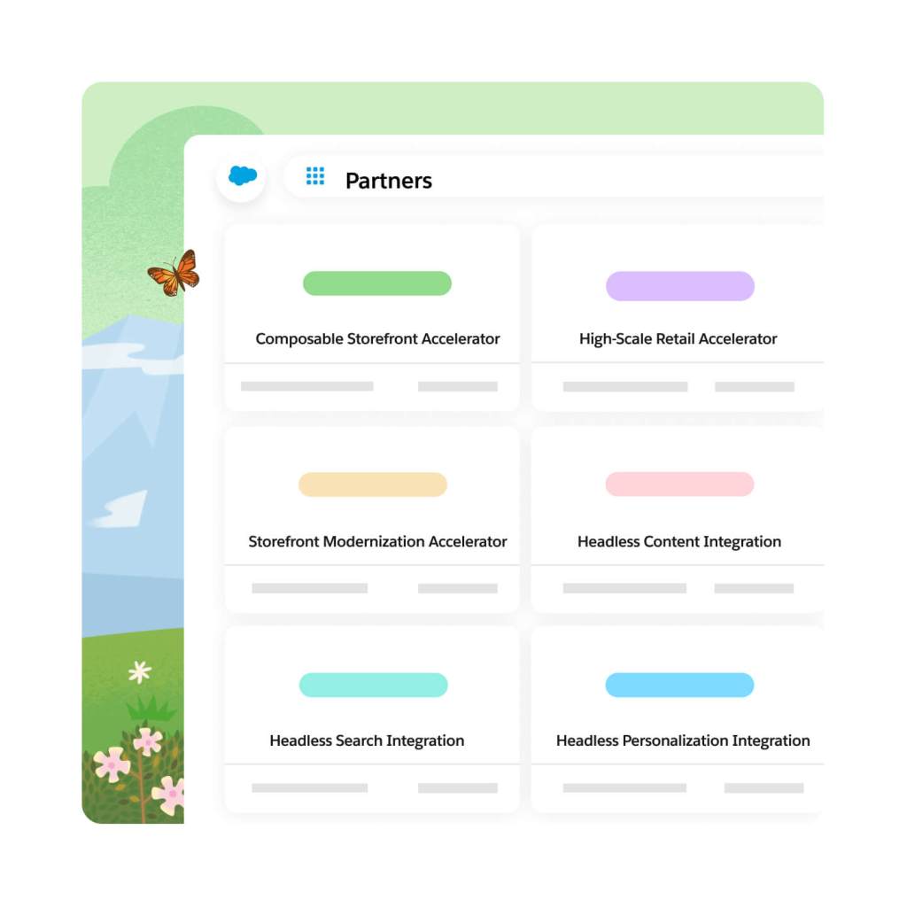 Salesforce Dashboard with 'Partners' typed in the search bar. Six tiles on the dashboard read Composable Storefront Accelerator, High-Scale Retail Accelerator, Storefront Modernization Accelerator, Headless Content Integration, Headless Search Integration, Headless Personalization Integration.