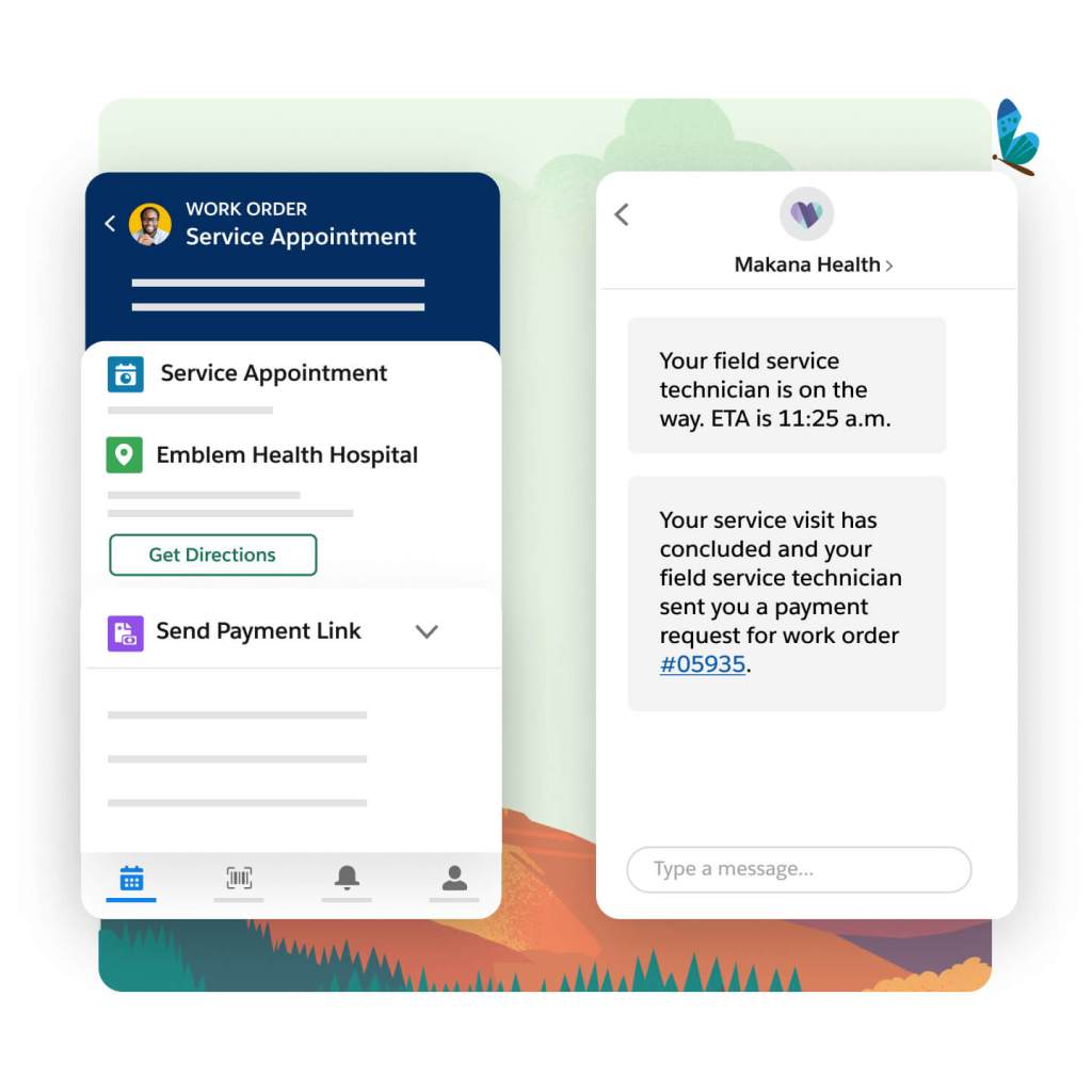Work Order: Service Appointment screen shown to the left. A phone screen with SMS messages are shown on the right.