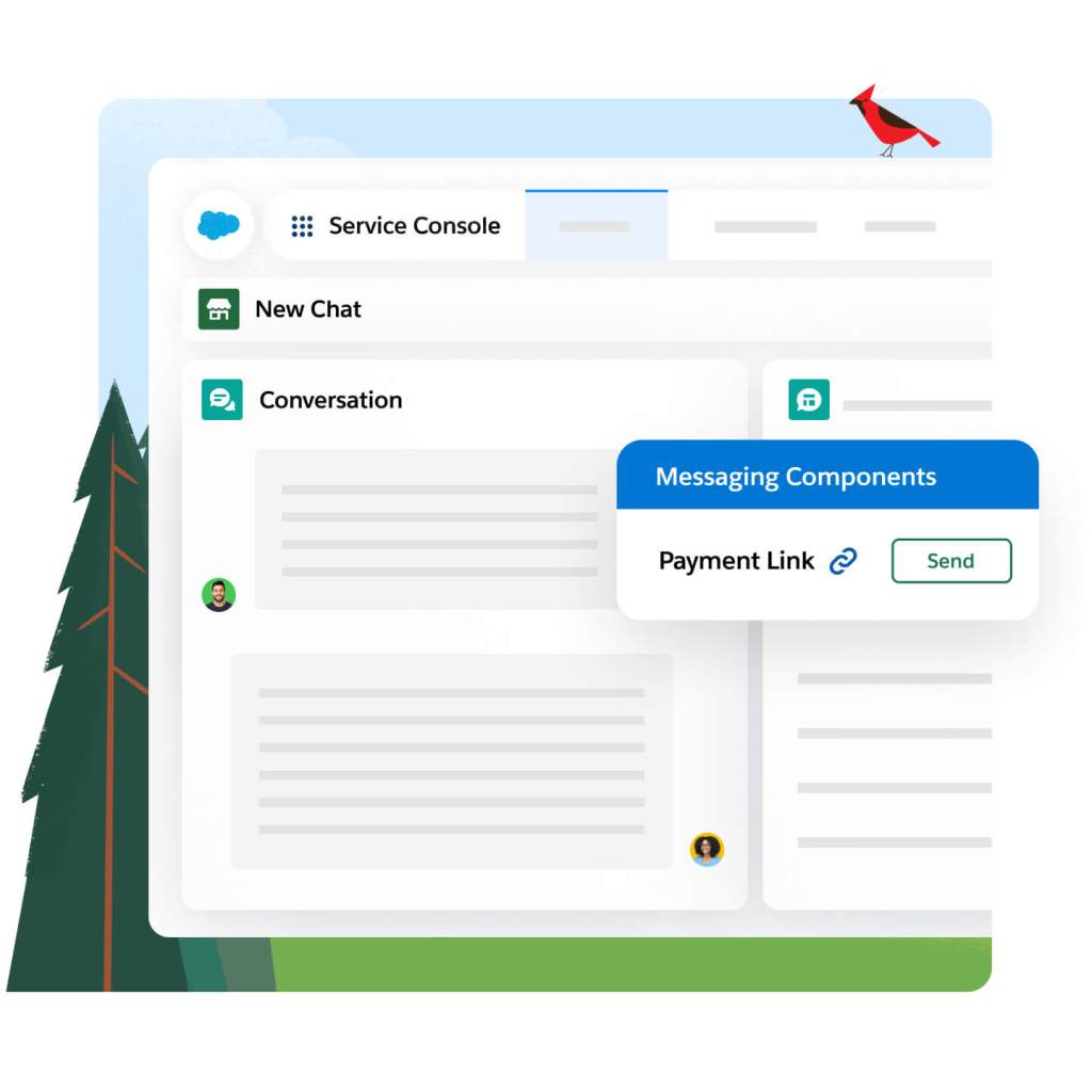 Service Console window showing a New Chat tab open. Below is a Conversation window. To the right is a pop-out window reading: Messaging Components, Payment Link Send.