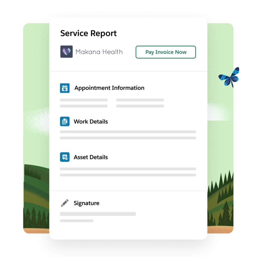 Service Report from Makana Health is shown with a Pay Invoice Now CTA.
