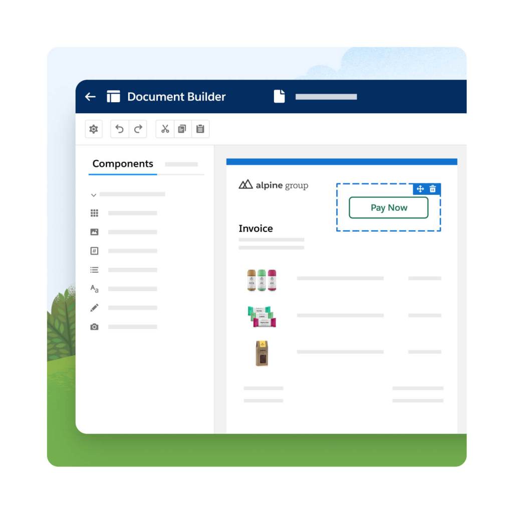 Document Builder with a Components menu open. A Pay Now button is being dragged-and-dropped on screen.