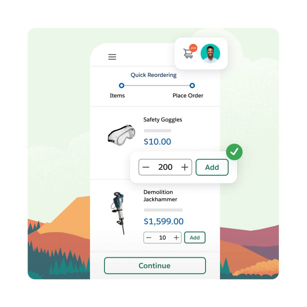 A mobile phone screen shows Quick Reordering. A short flow at the top reads 'tems - Place Order.' Safety Goggles at a discounted price and a Demolition Jackhammer at a discounted price are listed below with 'Add' functionality.
