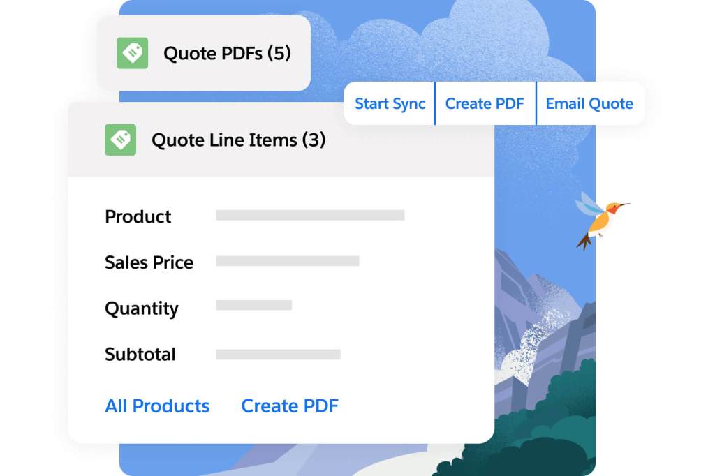 Lines items including product, sales price, quantity, subtotal, and options to view all product or create a pdf.