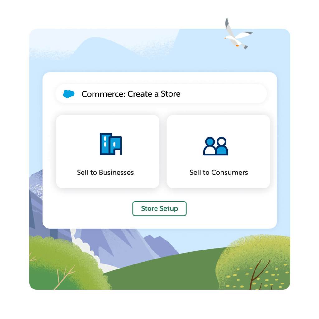 Commerce: Create a Store window is front and center. Inside the window are two options: Sell to Businesses and Sell to Consumers. A Store Setup CTA is at the bottom of the window.