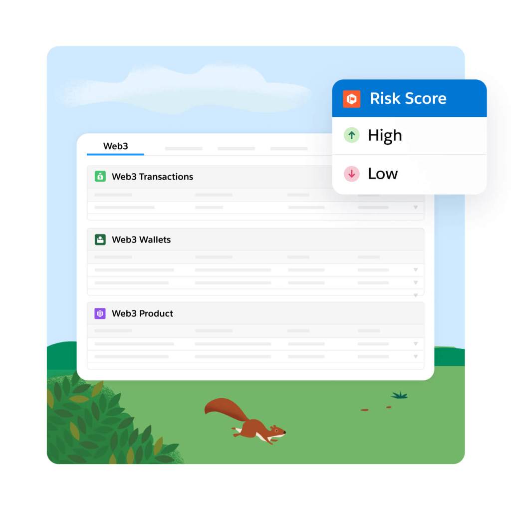 Web3 window open with the following tabs: Web3 Transactions, Web3 Wallets, Web3 Product. A pop-out window titled Risk Score with up and down, High-Low arrows.