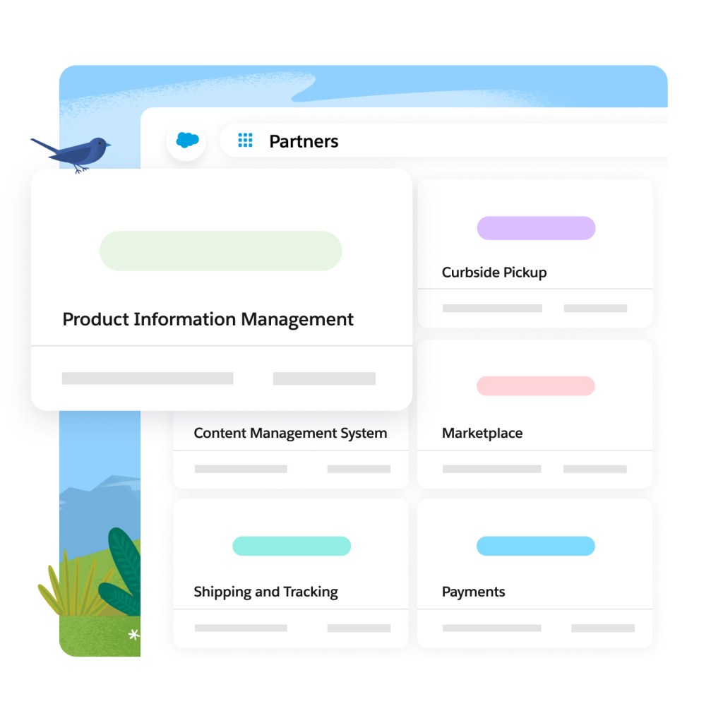 Salesforce Dashboard with 'Partners' written in the search bar. A Product Information Management tile is popping out.