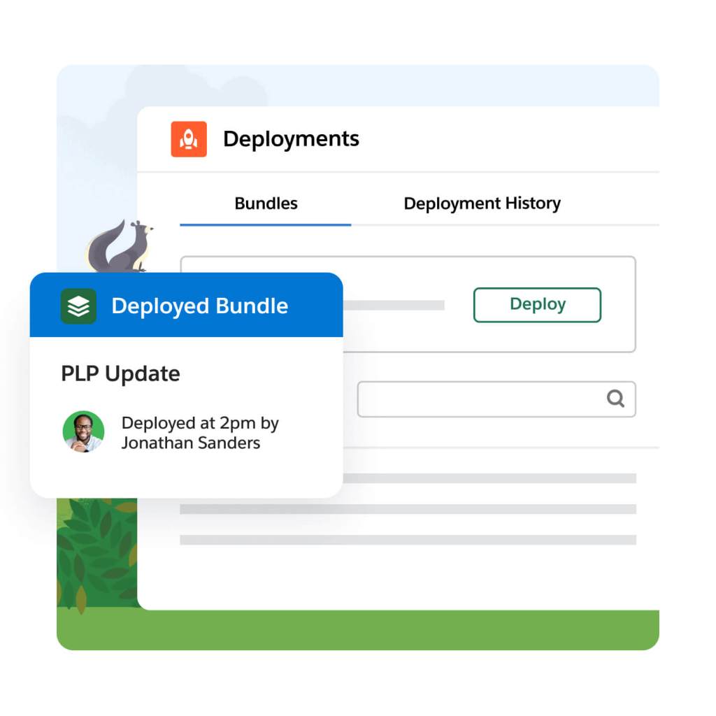 Deployments window with 'Bundles' and 'Deployment History' tabs. Pop-out window reads 'Deployment Bundles, PLP Update. Deployed at 2pm by Jonathan Sanders.