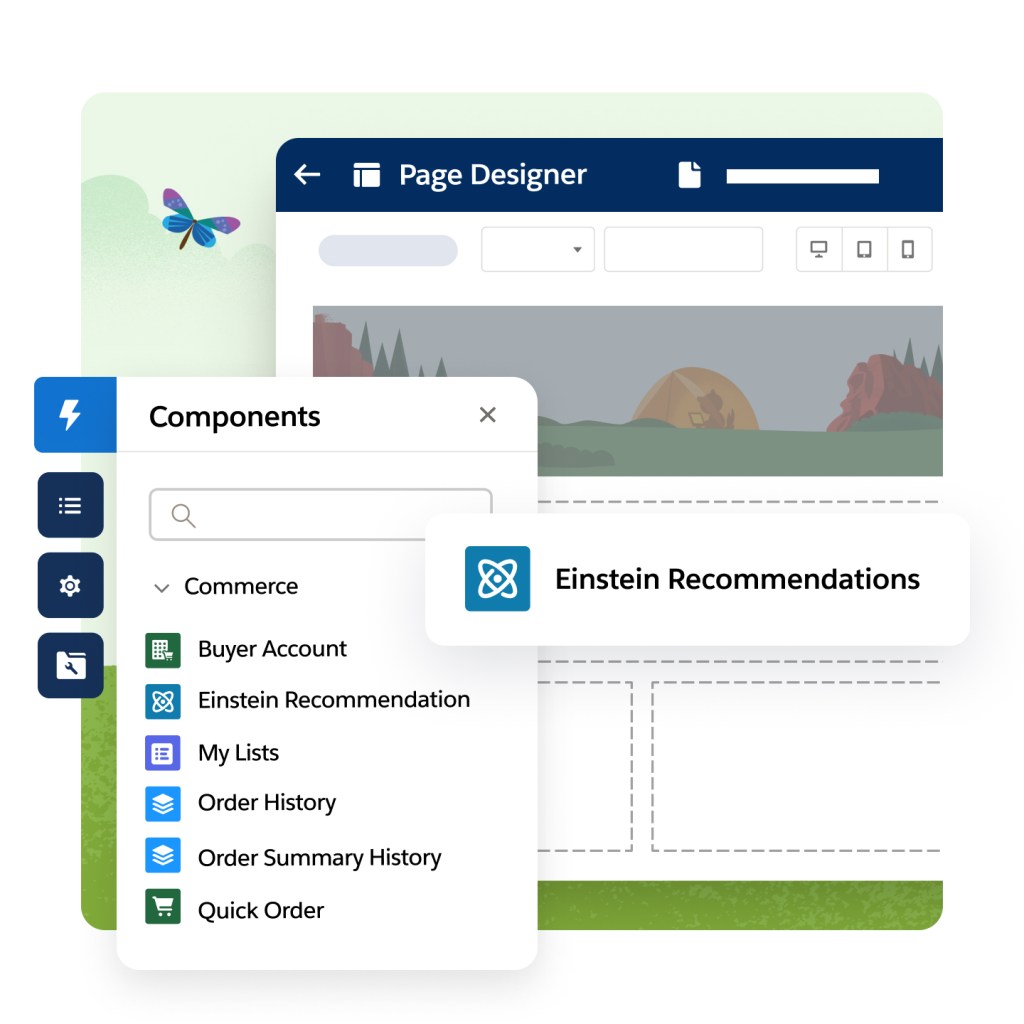 Page Designer screen with the Components window popping out. A computer cursor hovers over Einstein Recommendations.
