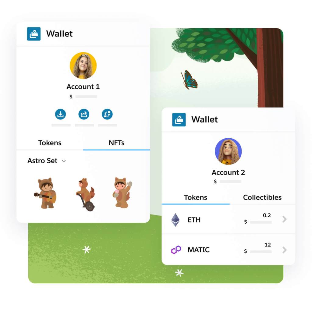 Two Web3 wallets titled Account 1 and Account 2. Account 1 shows tokens and NFTs, Account 2 shows Tokens and Collectibles.