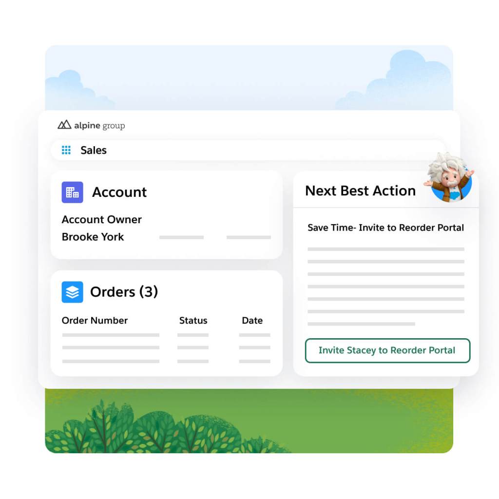 Salesforce Dashboard for Alpine Group with Account, Orders, and Next Best Action tiles open.