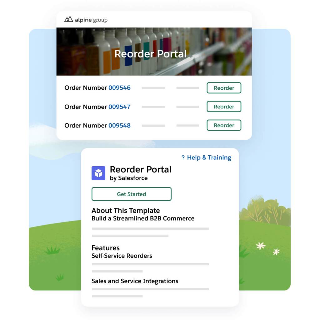 Reorder Portal window open showing three order numbers, each with a Reorder CTA button. Below, another Reorder Portal by Salesforce window has three different tabs: About this Template, Features, and Sales and Service Integrations. 