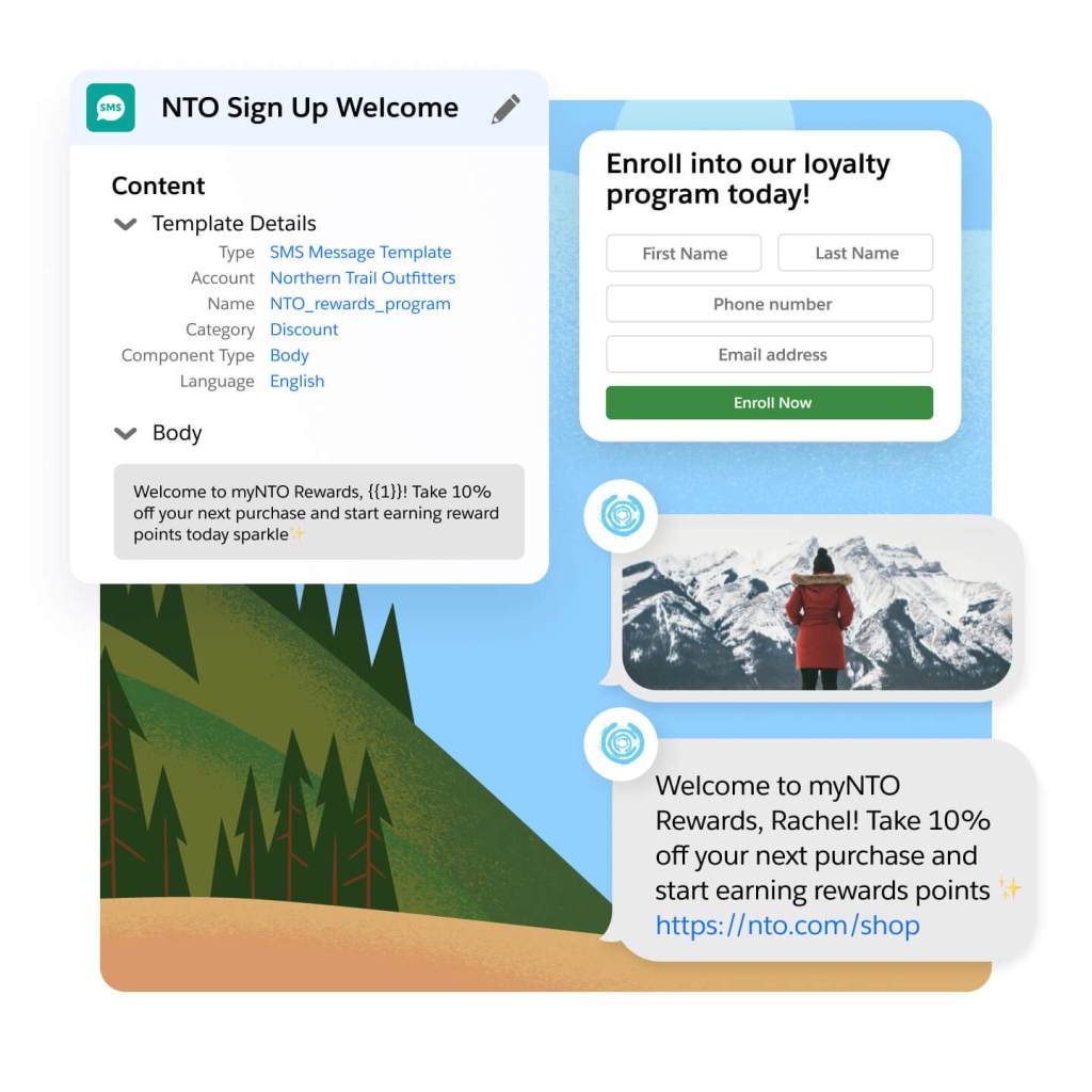 Example SMS campaign, going from template creation to journey flow to example end user experience.