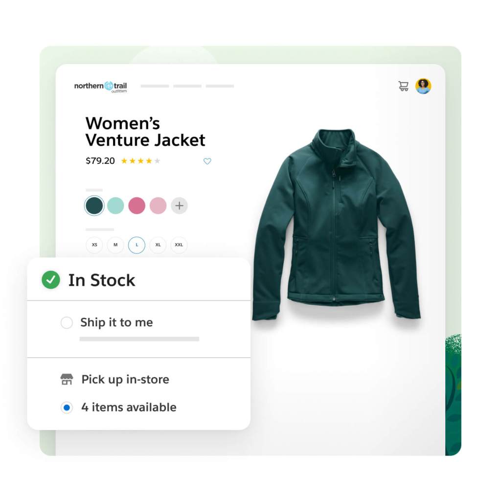Northern Trail Outfitters homescreen showing a product page for a Women's Venture Jacket, including price and color options. A pop-out window shows 'In-Stock' with a green checkmark next to it. Two options below read 'Ship it to me' and 'Pick up in-store' which is selected.