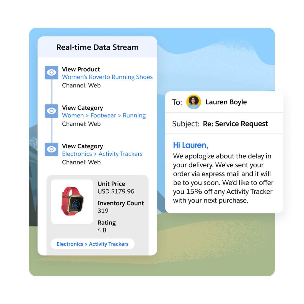 A personalized service request email laid over an interface showing real-time customer activity. 