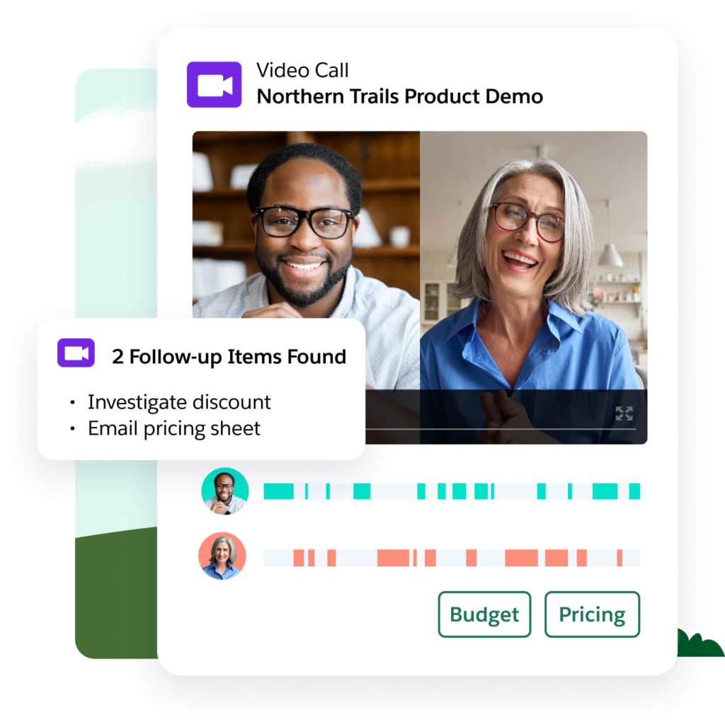 A window shows a recorded product demo, highlights where budget and pricing are discussed, and a list of follow-up actions 