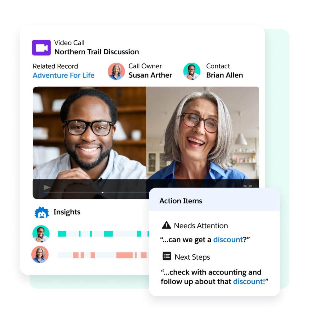 A window shows a recorded call, call info, Einstein insight tags, and action items with contextual snippets from call. 