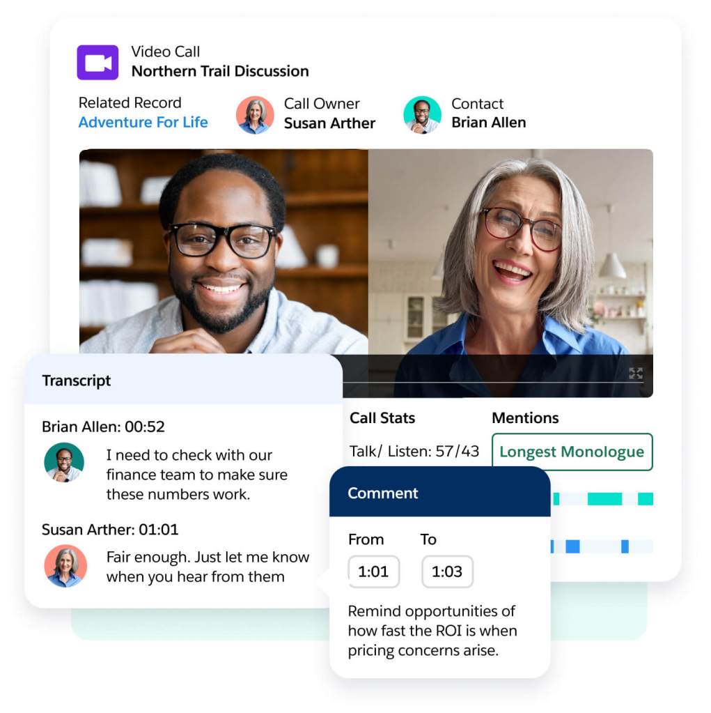 A window shows a recorded call, call info, transcript snippet with contectual highlights, and tagged conversation insights. 