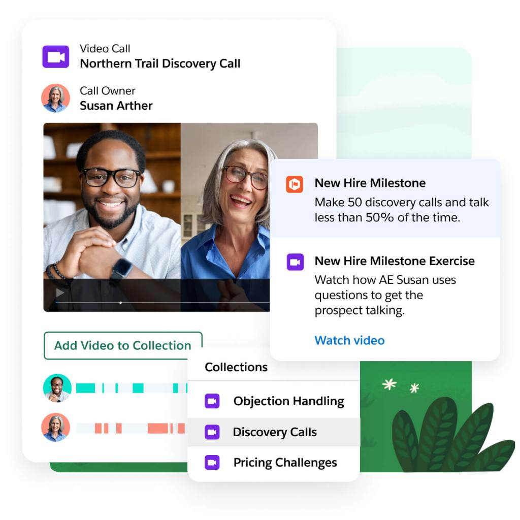 A window shows a recorded product demo, highlights where budget and pricing are discussed, and a list of follow-up actions 
