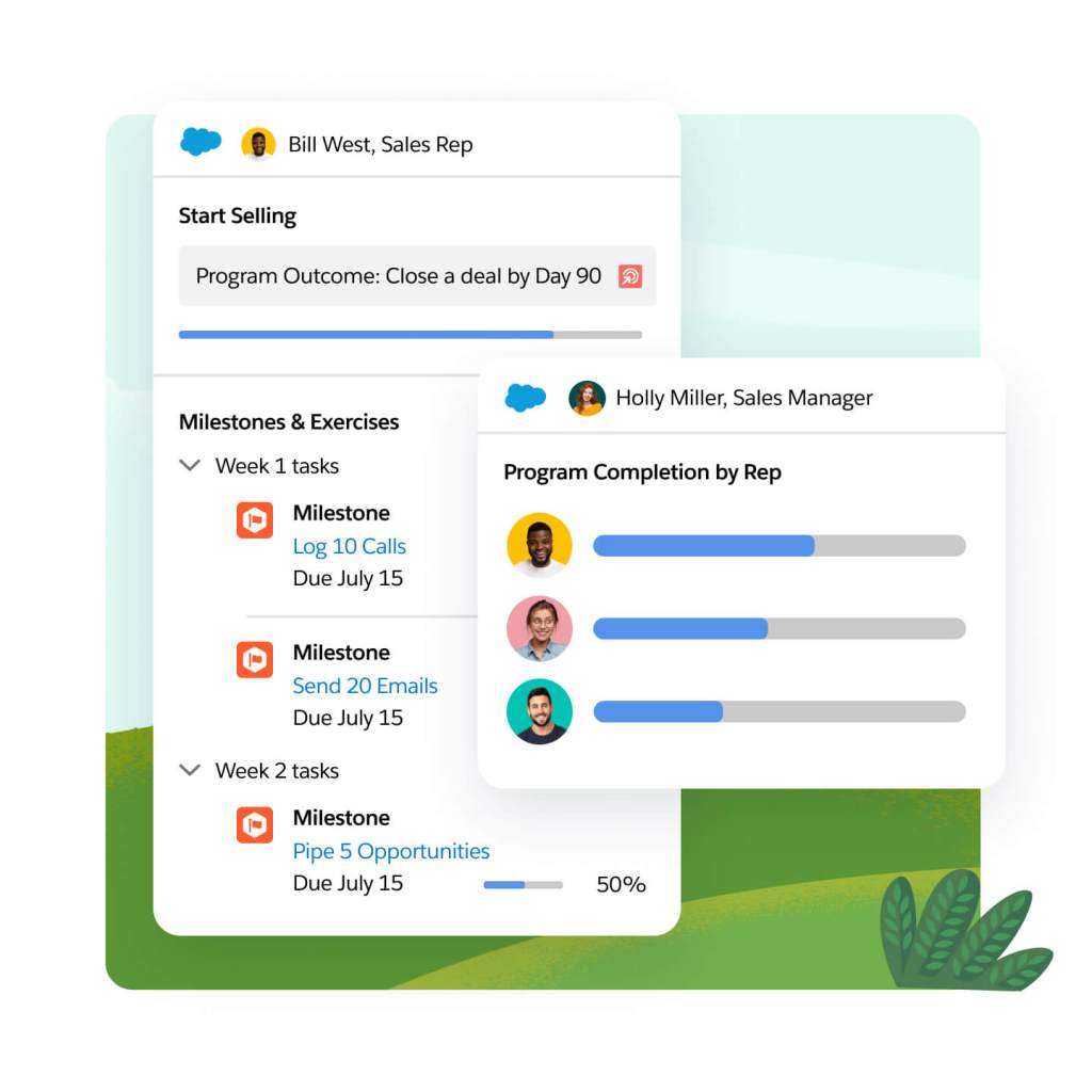 A window shows a sales reps' milestones and exercises with a graph that shows progress towards program completion. 