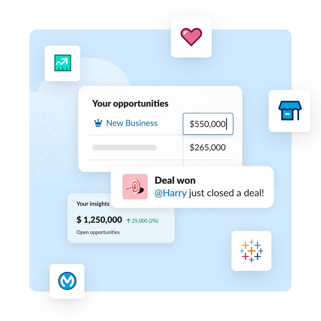 Salesforce app logos float around Slack.