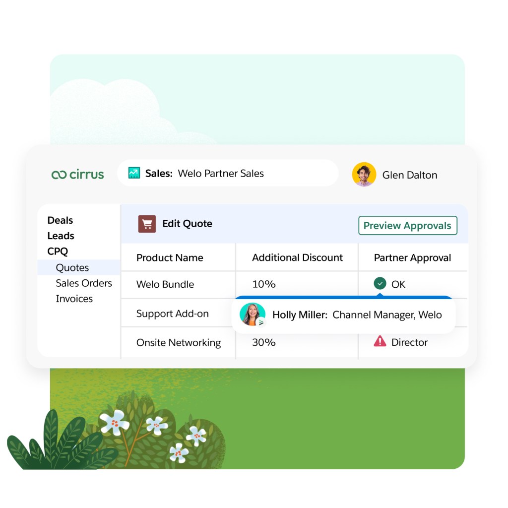 A partner window shows a reps quote for a current deal with product name, additional discounts, and partner approval status. 