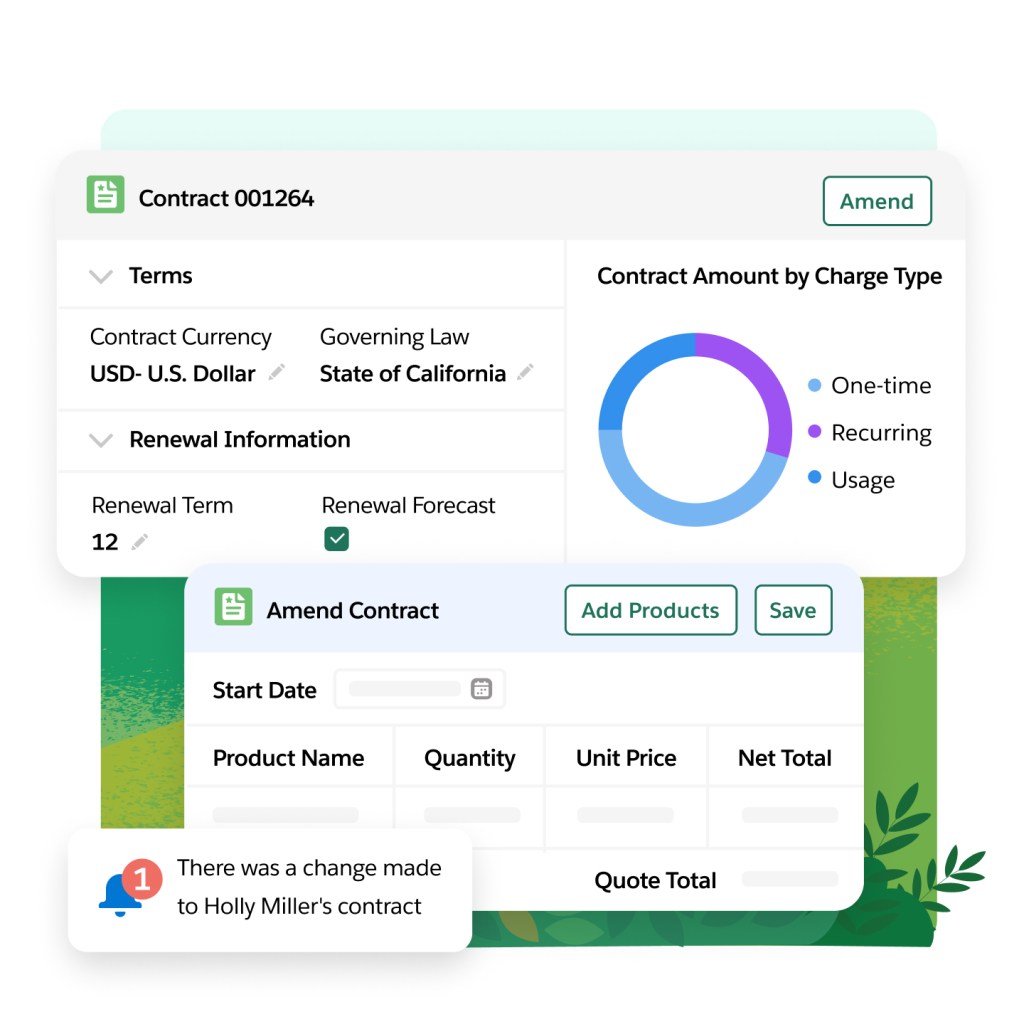 Contract windows show terms, renewal information, contract breakdown by charge type, contract amendment, and change alert.