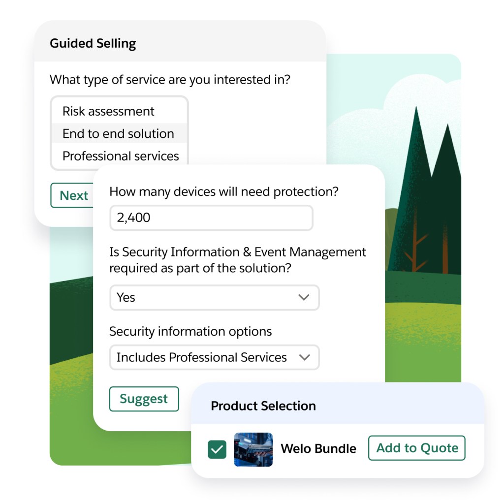 Self-service windows have drop-downs for type of service, customer needs, and options to get a suggestion and add to quote. 